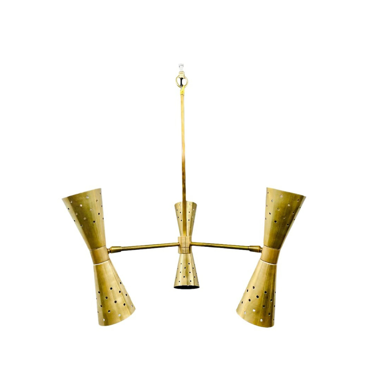 Prague 6 light aged brass chandelier shown unlit with perforated double cone shades and three-arm construction.