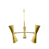 Prague 6 light aged brass chandelier shown unlit with perforated double cone shades and three-arm construction.