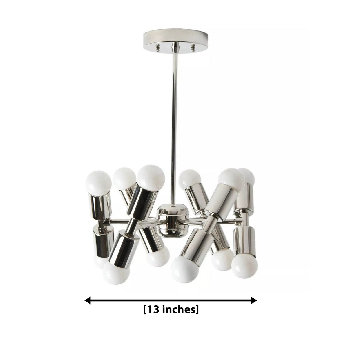Prague 12 light silver-tone sculptural chandelier dimension view showing a 13 inch fixture width.