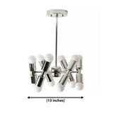 Prague 12 light silver-tone sculptural chandelier dimension view showing a 13 inch fixture width.