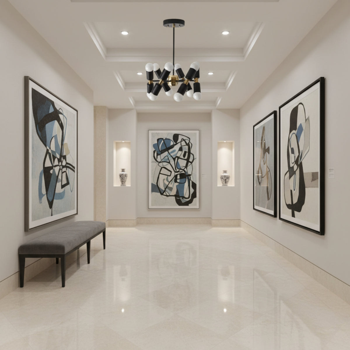 Prague 12 light chandelier shown from the front with black cylindrical holders, black radial arms, brass-tone center accents, and exposed bulbs.