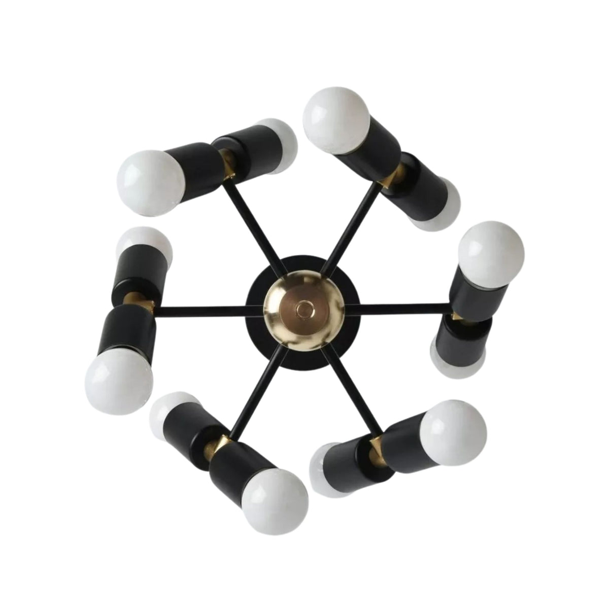 Prague 12 light sculptural chandelier shown from the top with black cylindrical holders, radial arms, brass-tone accents, and exposed white bulbs.
