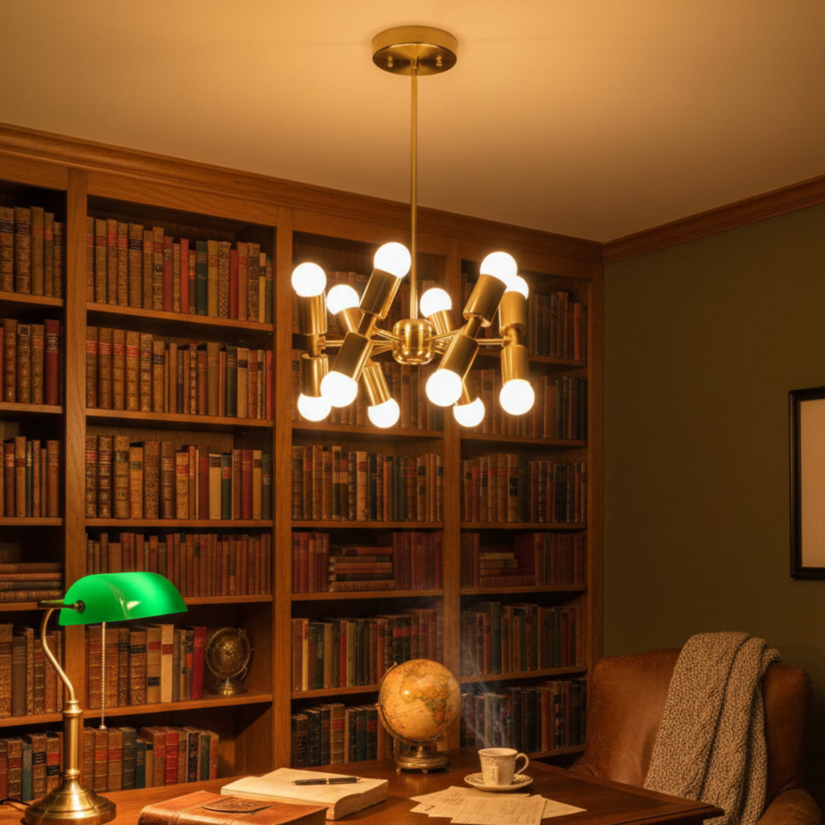 Prague 12 light Mid-Century Modern chandelier shown from the front with warm brass-tone cylindrical holders and exposed white bulbs.
