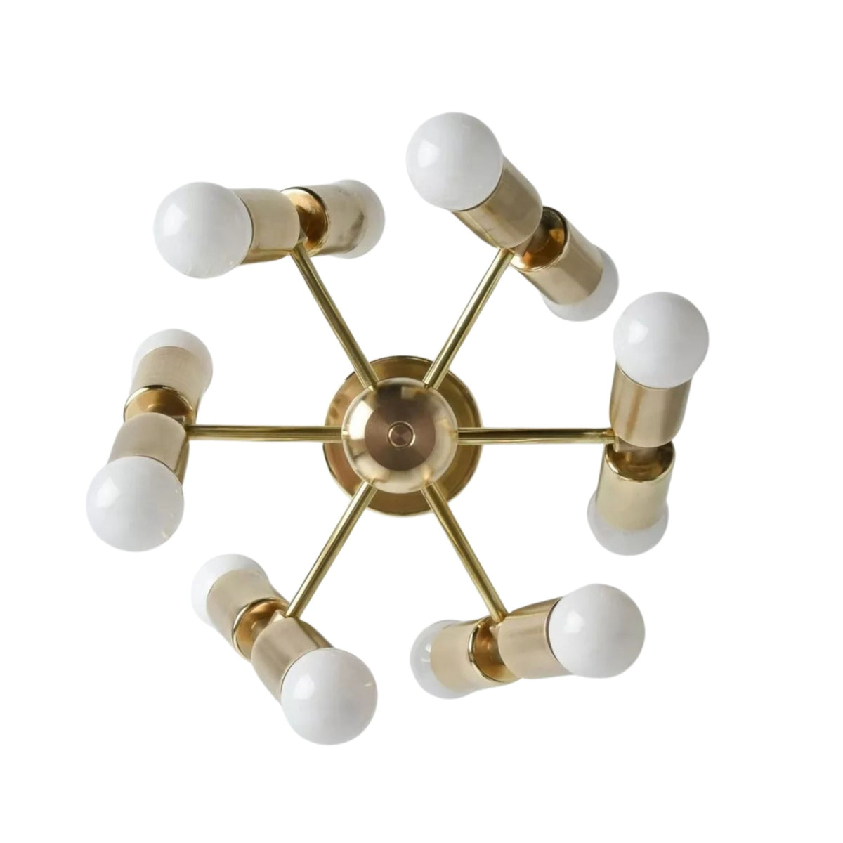 Prague 12 light sculptural chandelier shown from the top with brass-tone radial arms, cylindrical holders, and exposed white bulbs.