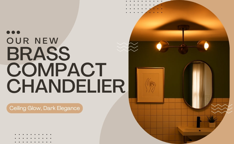 Advertisement for a brass compact chandelier with a bathroom setting in the background.