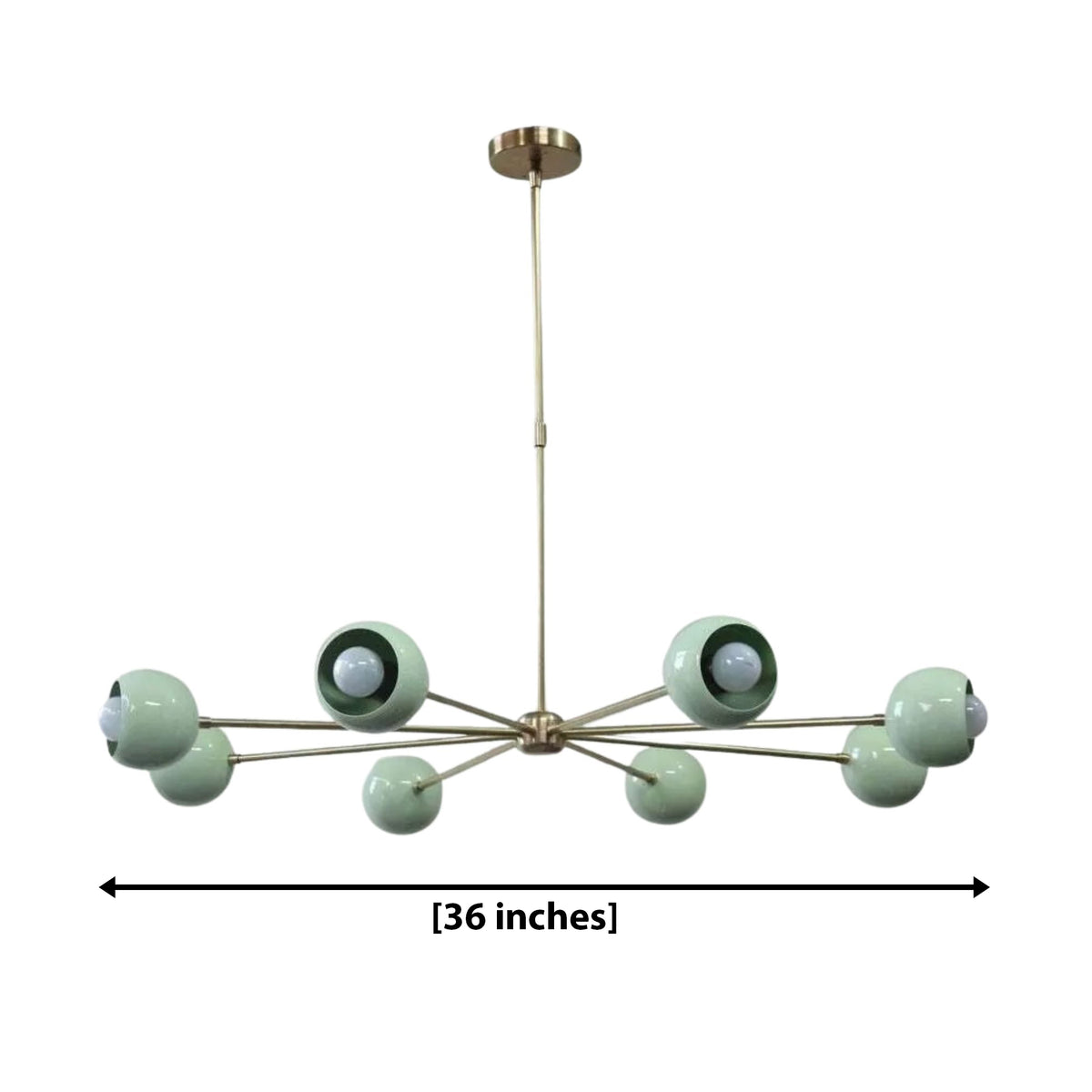 Provence 8 light mint green bowl chandelier dimension view showing a 36 inch wide fixture.
