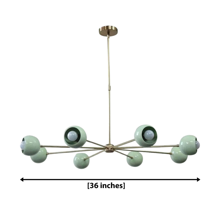 Provence 8 light mint green bowl chandelier illuminating a covered patio seating area with warm evening lighting.