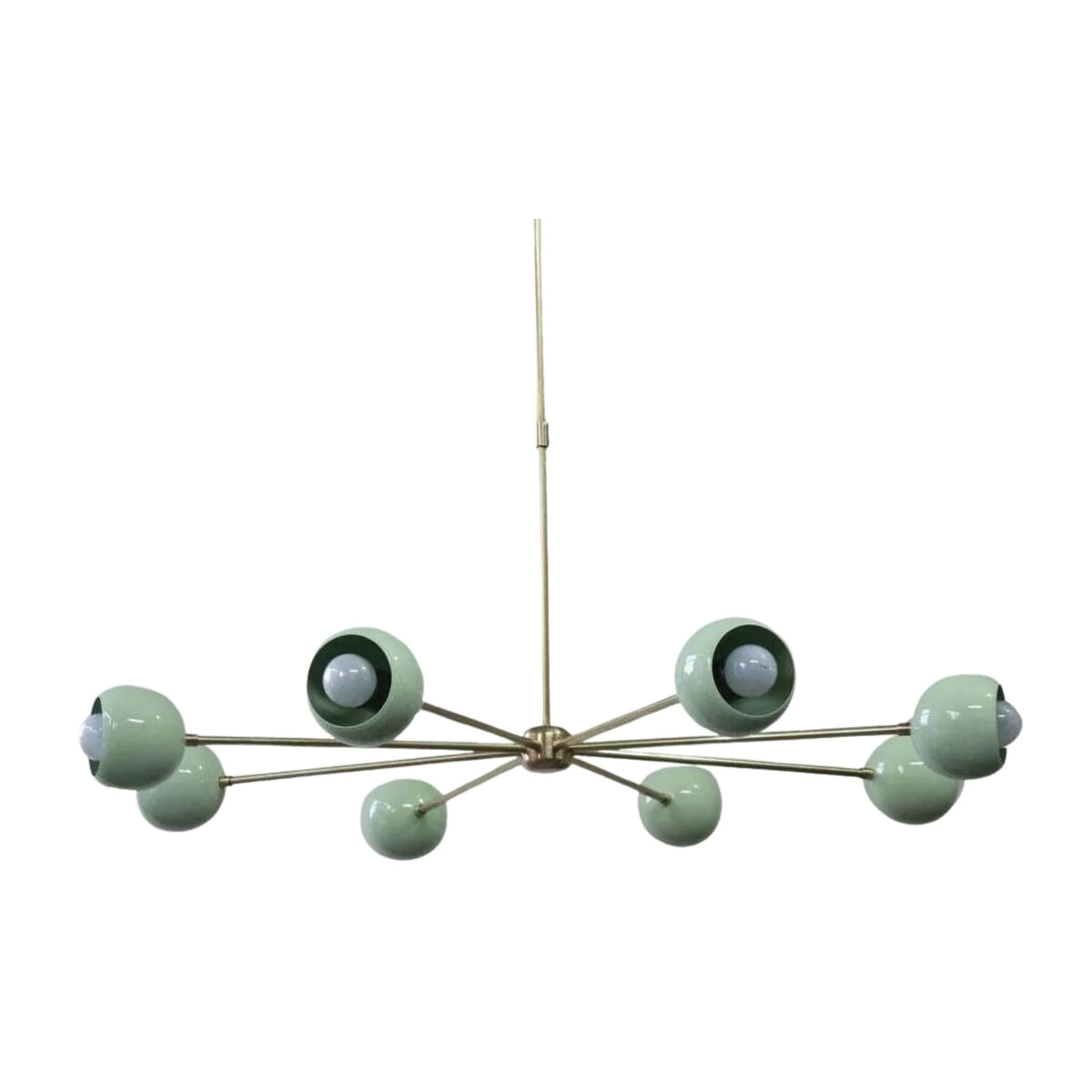 Provence 8 light chandelier with pale mint green bowl shades and slender brass-tone radial arms, front view.