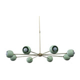 Provence 8 light chandelier with pale mint green bowl shades and slender brass-tone radial arms, front view.