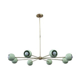 Full view of Provence 8 light chandelier with sculptural mint green bowl shades, brass-tone arms and ceiling downrod.