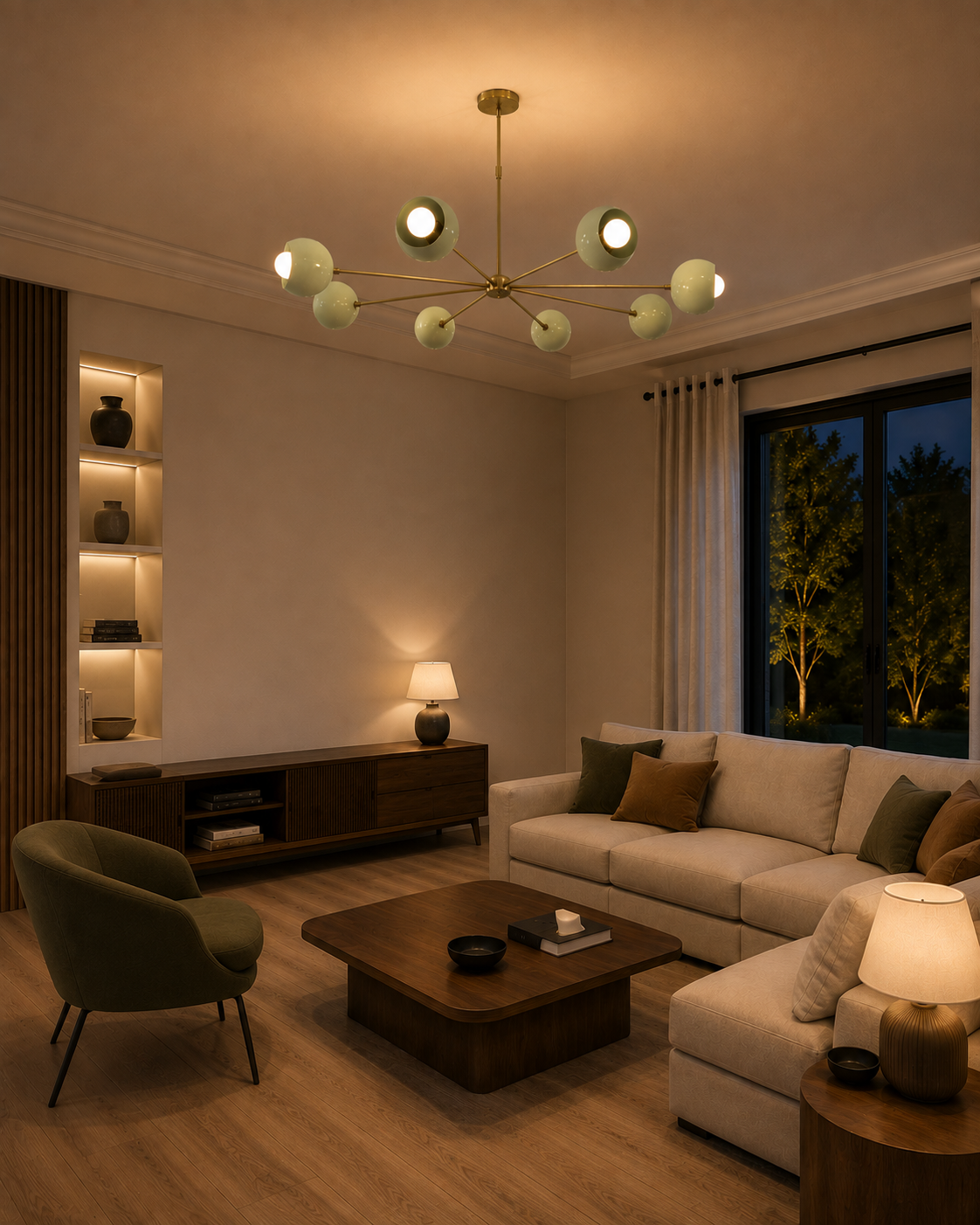 Provence 8 light mint green and brass chandelier displayed in a warm contemporary living room with modern furniture.