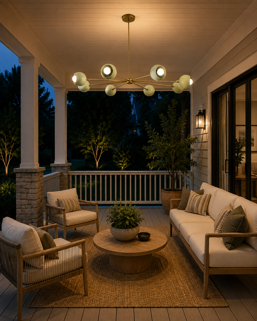 Provence 8 light mint green bowl chandelier illuminating a covered patio seating area with warm evening lighting.
