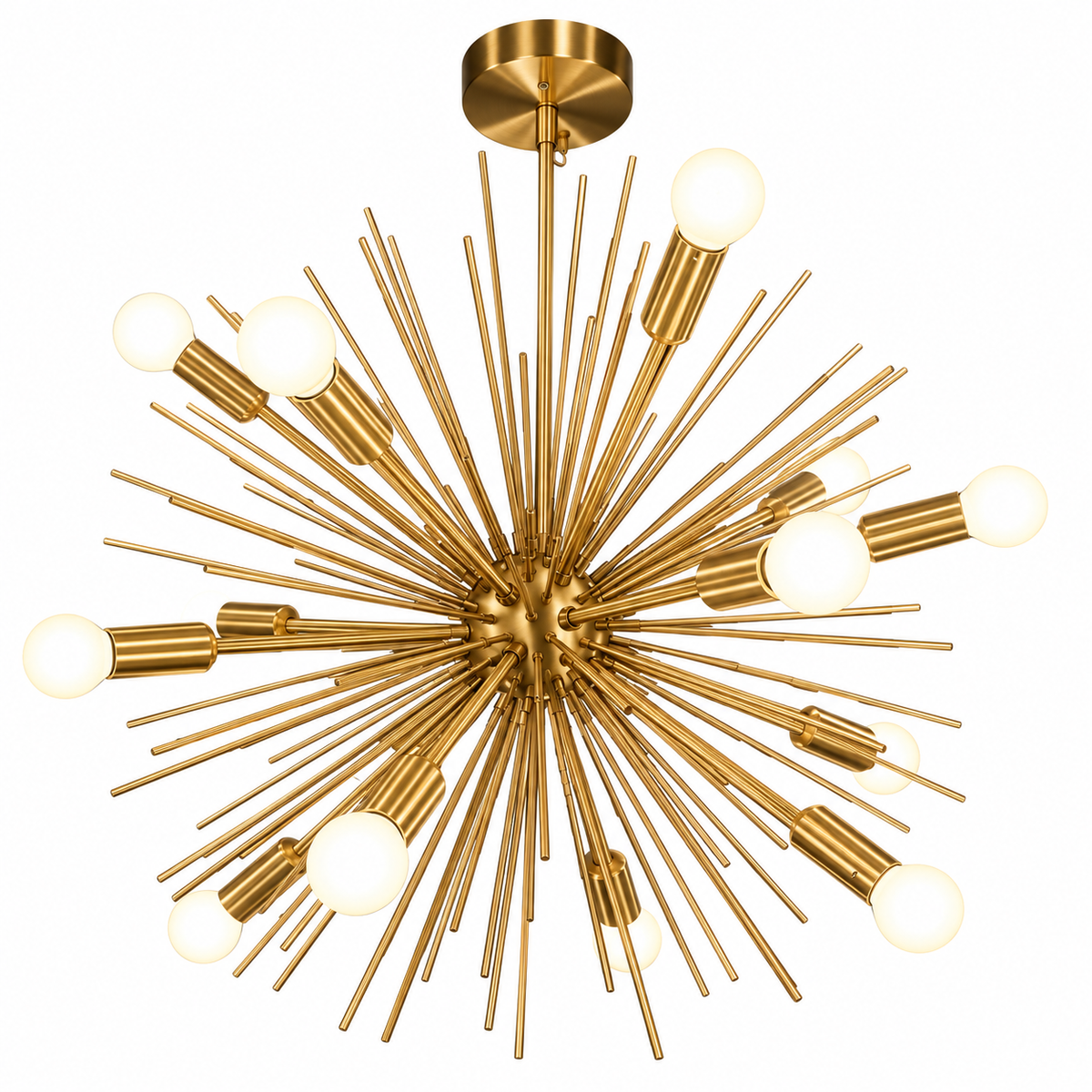Provence 8 light brass tone starburst chandelier shown from an angled view with radiating metal rods and exposed globe bulbs.