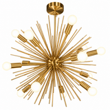 Provence 8 light brass tone starburst chandelier shown from an angled view with radiating metal rods and exposed globe bulbs.