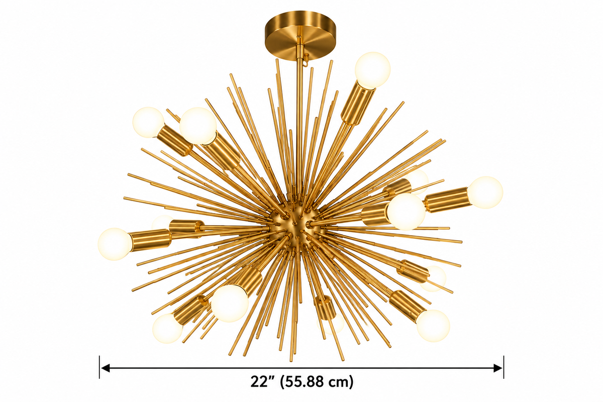 Provence 8 light brass tone Sputnik chandelier dimension view showing 22 inch width and sculptural starburst design.