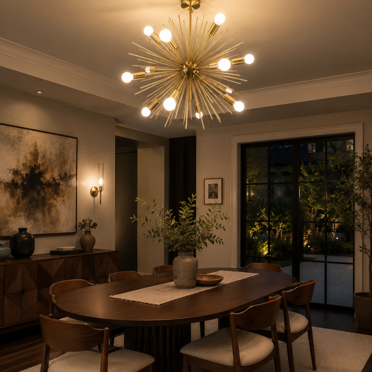 Provence 8 light brass tone starburst Sputnik chandelier illuminated above a modern dining table in a warm contemporary interior.
