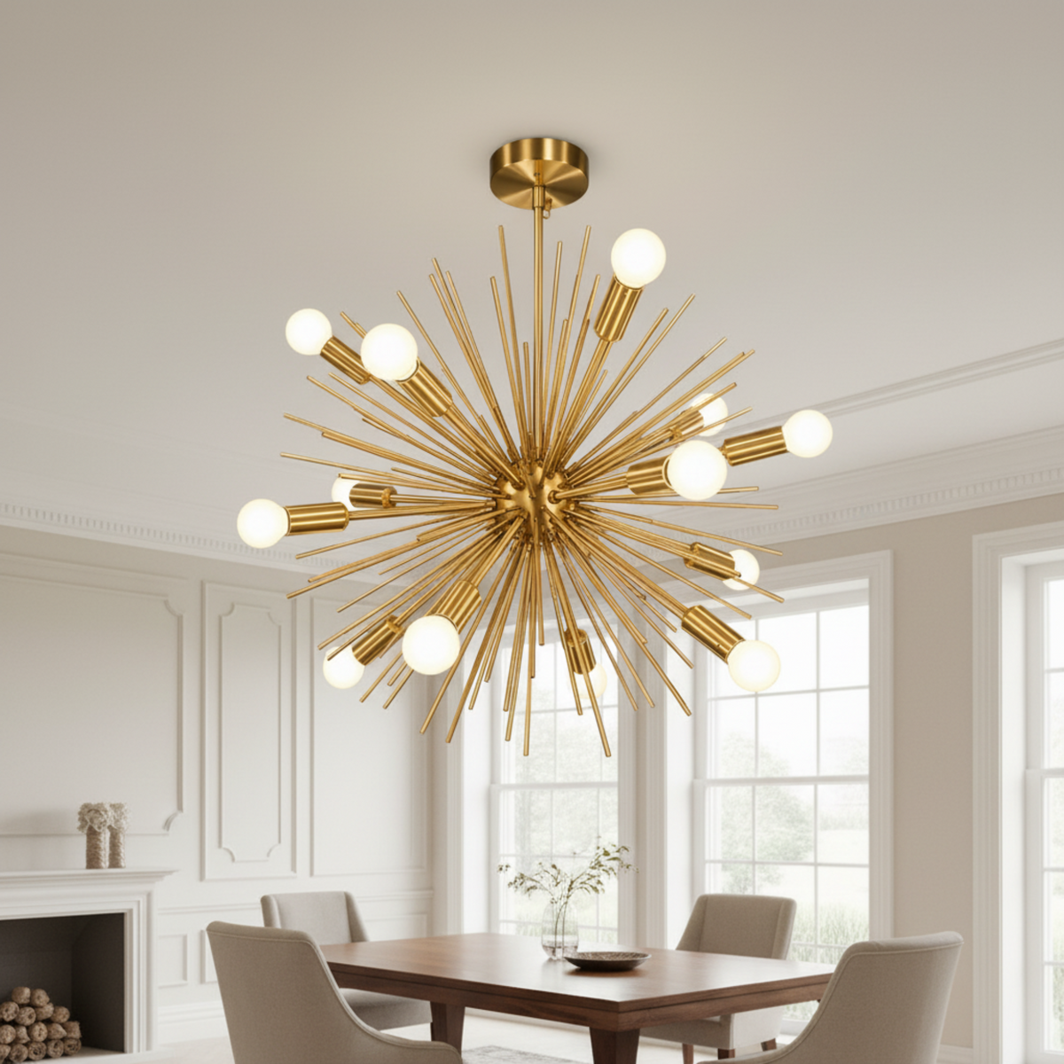 Provence 8 light brass tone starburst Sputnik chandelier with radiating metal rods and exposed globe bulbs shown from the front.