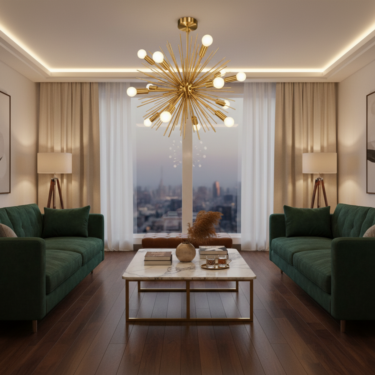 Provence 8 light brass tone starburst Sputnik chandelier with illuminated globe bulbs and radiating metal rods on a white background.