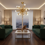 Provence 8 light brass tone starburst Sputnik chandelier with illuminated globe bulbs and radiating metal rods on a white background.