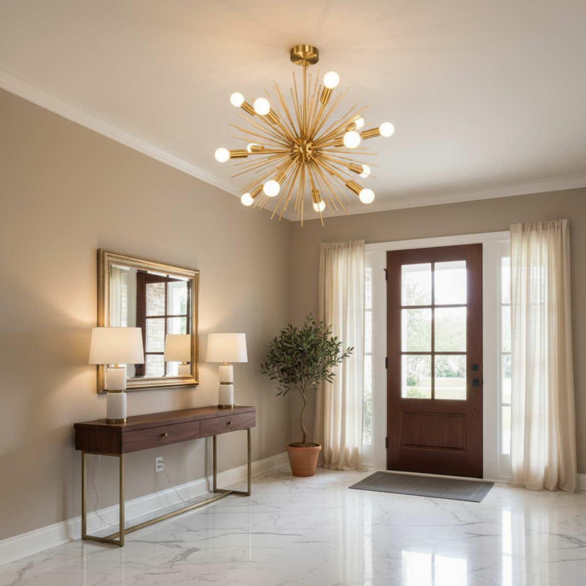 Provence 8 light brass tone Sputnik chandelier featuring a sculptural starburst design with radiating rods and globe bulbs.