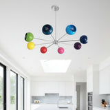 Providence 8 light colorful chandelier shown from an alternate front view highlighting its sculptural starburst arms and rounded open shades.