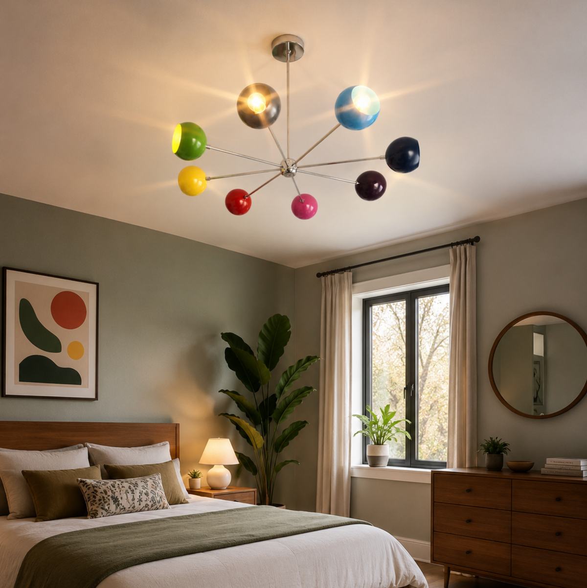 Providence 8 light multicolor Sputnik chandelier illuminated in a warm modern bedroom with vibrant rounded shades and polished radial arms.