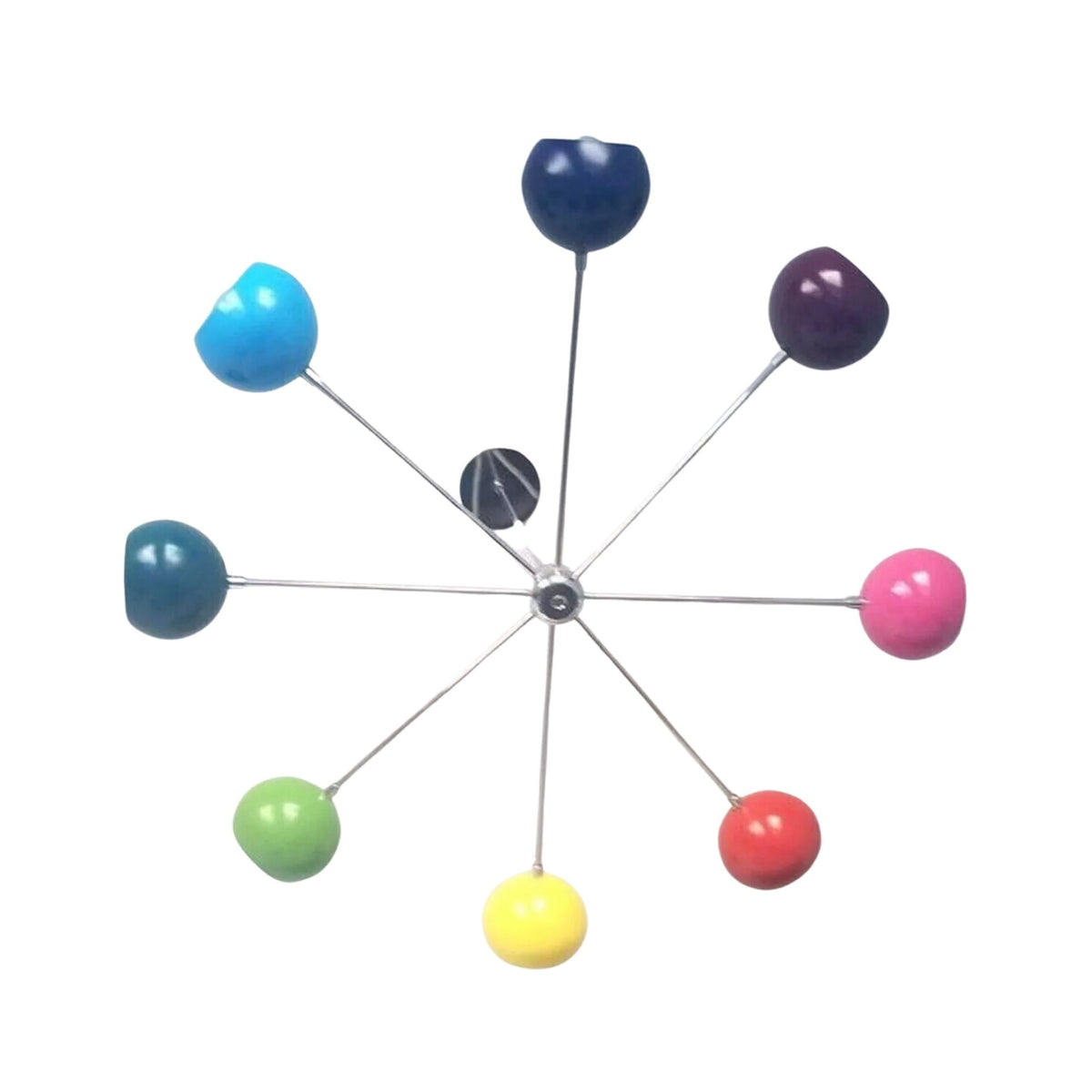 Providence 8 light multicolor Sputnik chandelier shown from below highlighting the radial arm arrangement and colorful rounded shades.