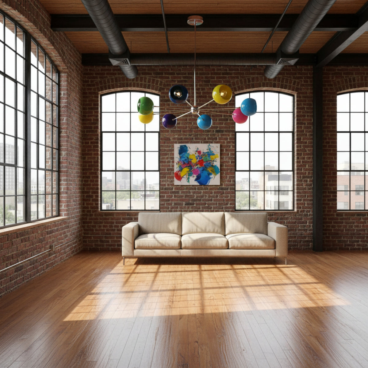 Providence 8 light multicolor Sputnik chandelier shown from the front with green, yellow, red, pink, purple, navy and blue rounded shades.