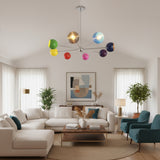 Providence 8 light multicolor Sputnik chandelier shown illuminated from the front with colorful rounded shades and polished silver-tone radial arms.