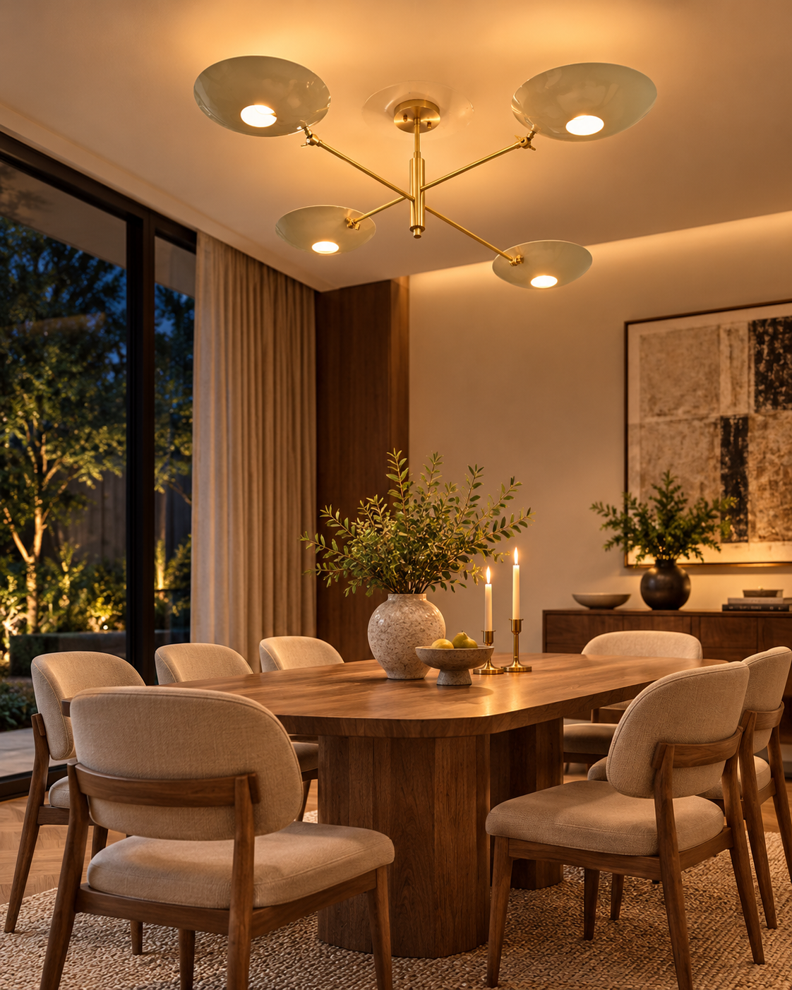  Queenstown 4-light ivory bowl chandelier suspended above a wooden dining table with upholstered chairs in an elegant modern dining room at dusk.