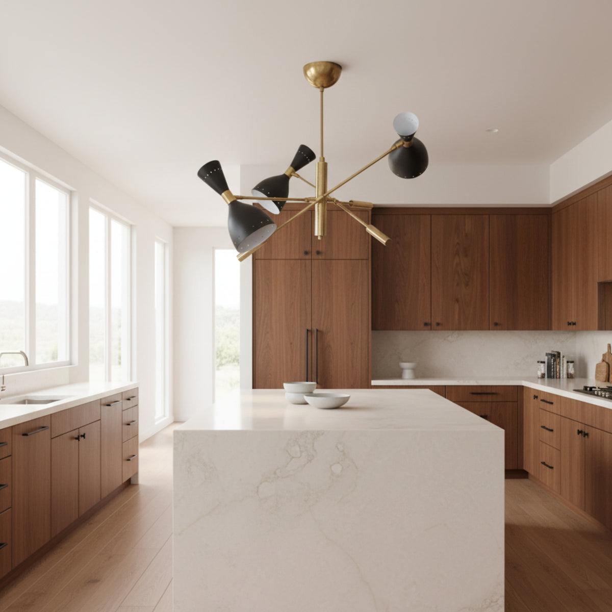 Queenstown 6 light sculptural chandelier shown from an angled view with black perforated cone shades and intersecting brass-tone arms.