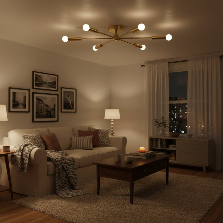 Ravenna 6 light brass-tone Sputnik flush mount chandelier shown illuminated with warm glowing exposed bulbs.