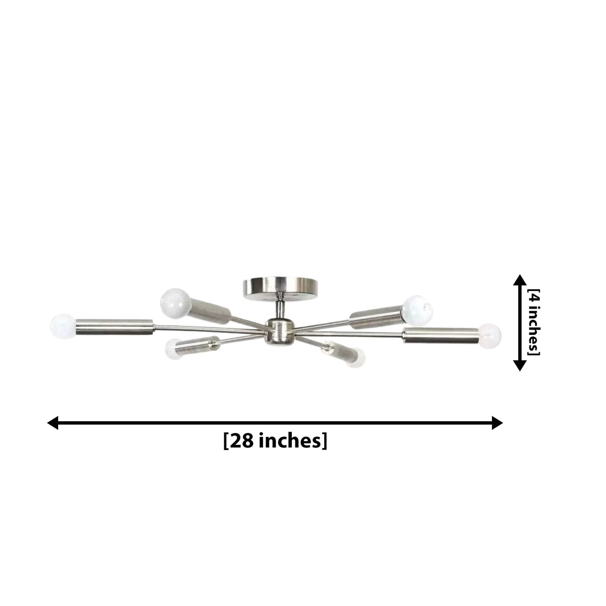 Ravenna 6 light Sputnik flush mount chandelier dimension view showing 28 inch width and 4 inch height.