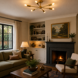 Ravenna 6 light brass Sputnik flush mount chandelier installed in a warm Mid-Century Modern living room with illuminated bulbs.