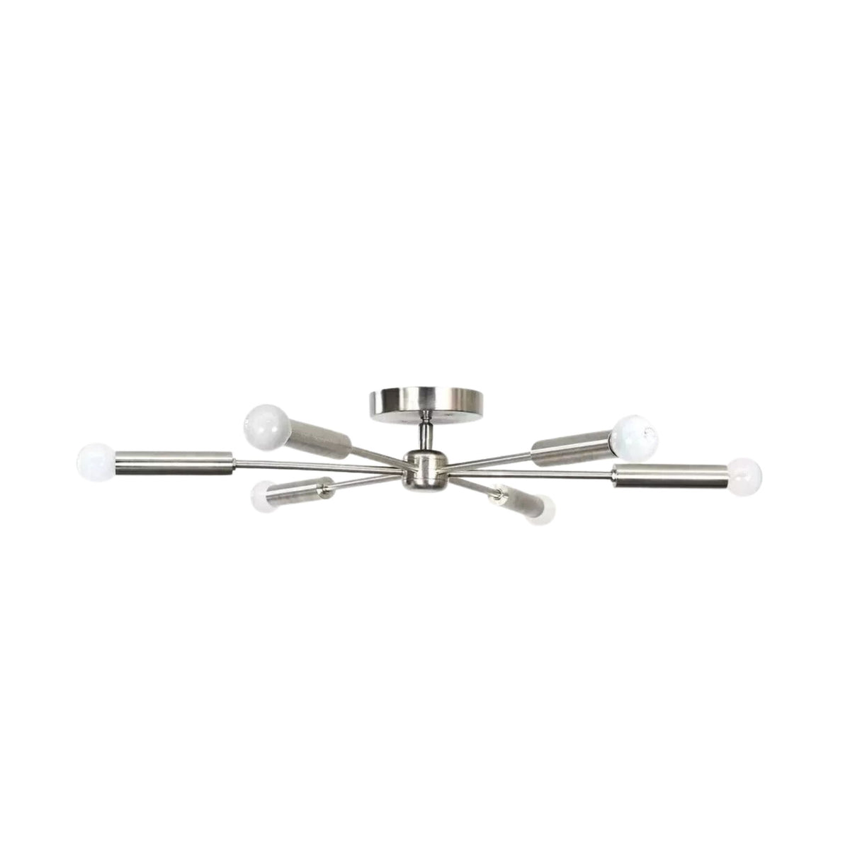 Ravenna 6 light silver-tone Sputnik flush mount chandelier shown from an angled front view with exposed globe bulbs.