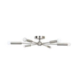 Ravenna 6 light silver-tone Sputnik flush mount chandelier shown from an angled front view with exposed globe bulbs.