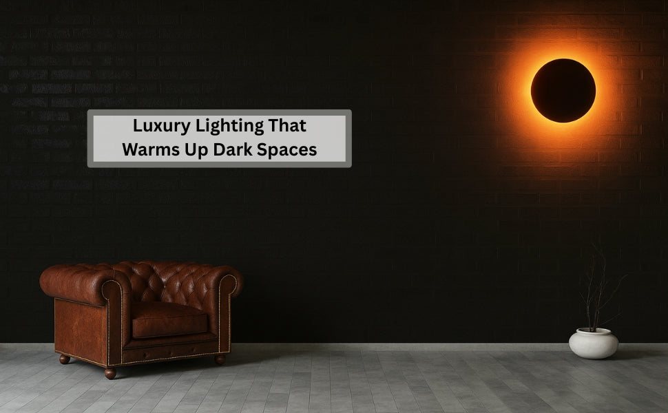 Luxury red disc wall sconce glowing on black wall above leather chair, creating dramatic ambient lighting