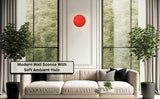 Modern red disc wall sconce above sofa in bright living room, soft ambient glow lighting decor
