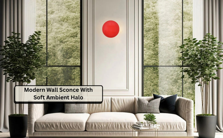 Modern red disc wall sconce above sofa in bright living room, soft ambient glow lighting decor