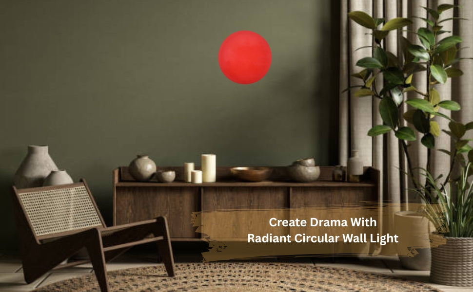Red disc wall sconce in modern lounge interior with wooden chair and decor, warm circular glow