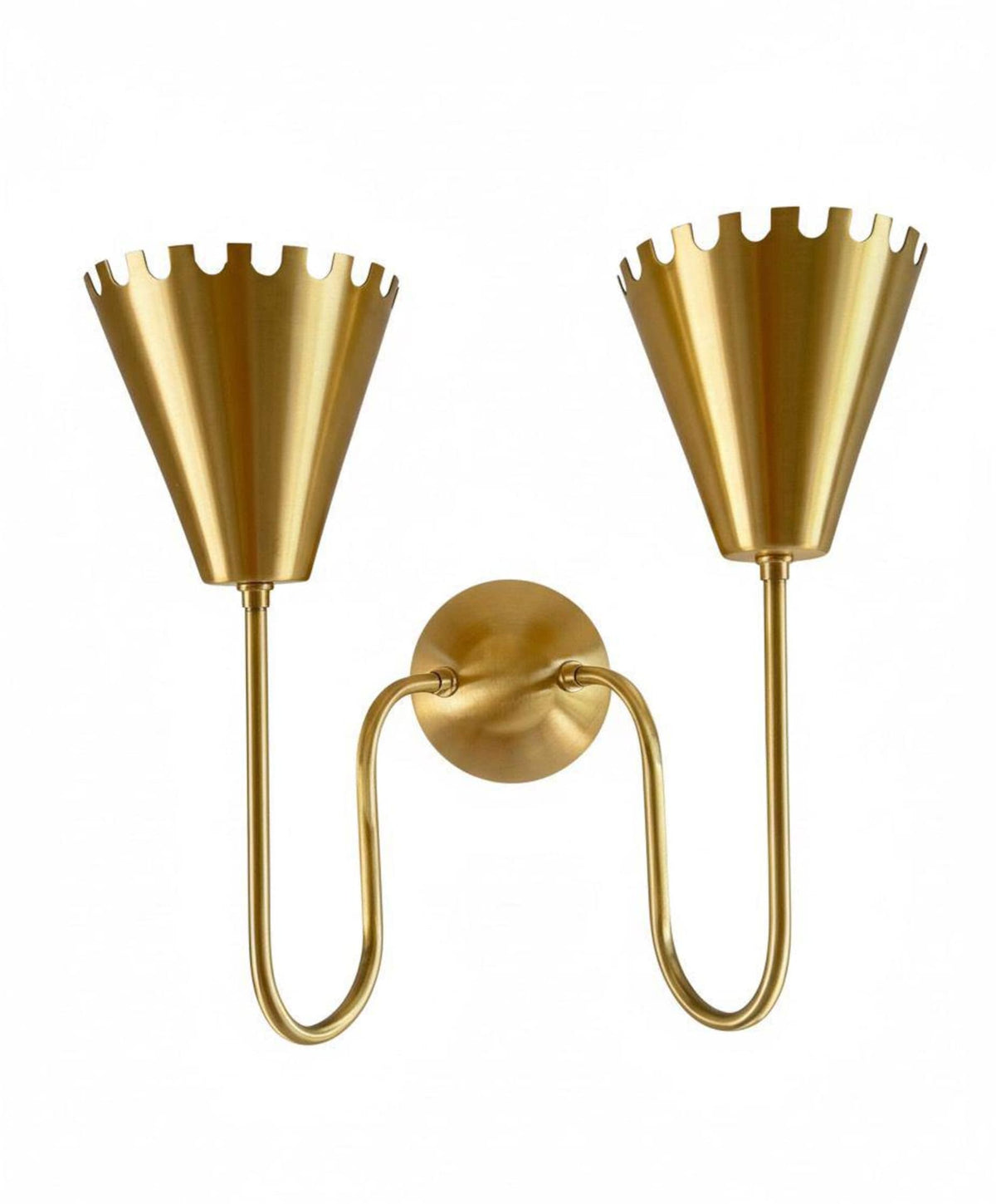 Centered view of two light solid brass wall sconce with scalloped crown cone shades and round wall backplate