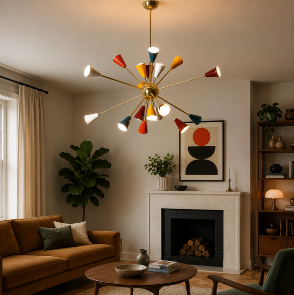 Reykjavik 18 light multicolor Sputnik chandelier illuminated in a warm Mid-Century Modern living room setting.