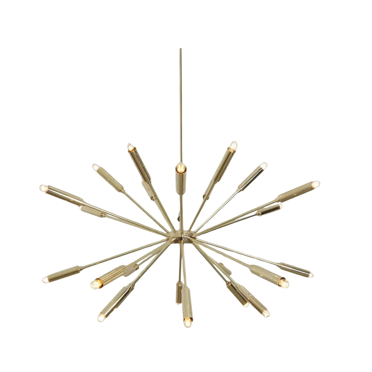 Reykjavik 24 light metallic chandelier shown from an alternate angle with sculptural branching arms radiating from a central hub.