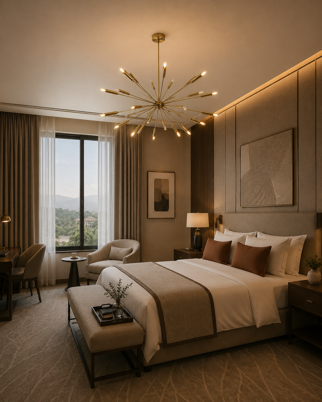 Reykjavik 24 light starburst chandelier illuminating an elegant contemporary bedroom with warm neutral furnishings and modern decor.