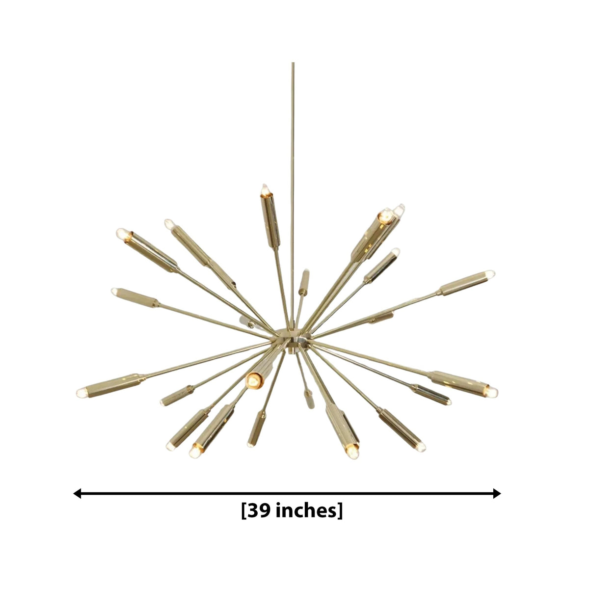 Reykjavik 24 light starburst chandelier dimension view showing a 39 inch wide sculptural fixture.