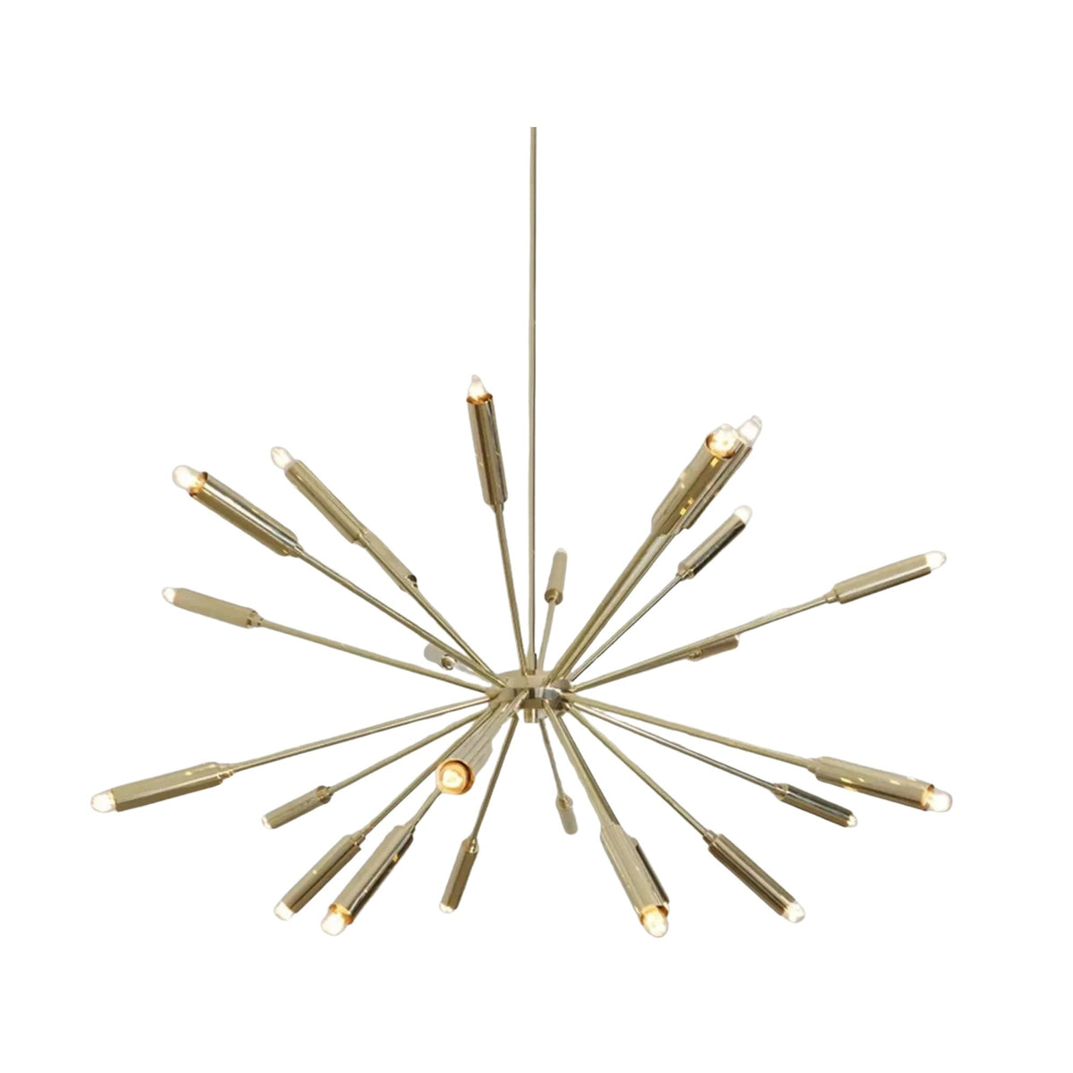 Reykjavik 24 light starburst chandelier featuring slender radial arms and elongated metallic bulb holders in a Mid-Century Modern design.