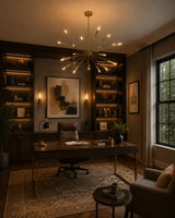 Reykjavik 24 light sculptural chandelier displayed above a refined home office with dark wood cabinetry and warm ambient lighting.