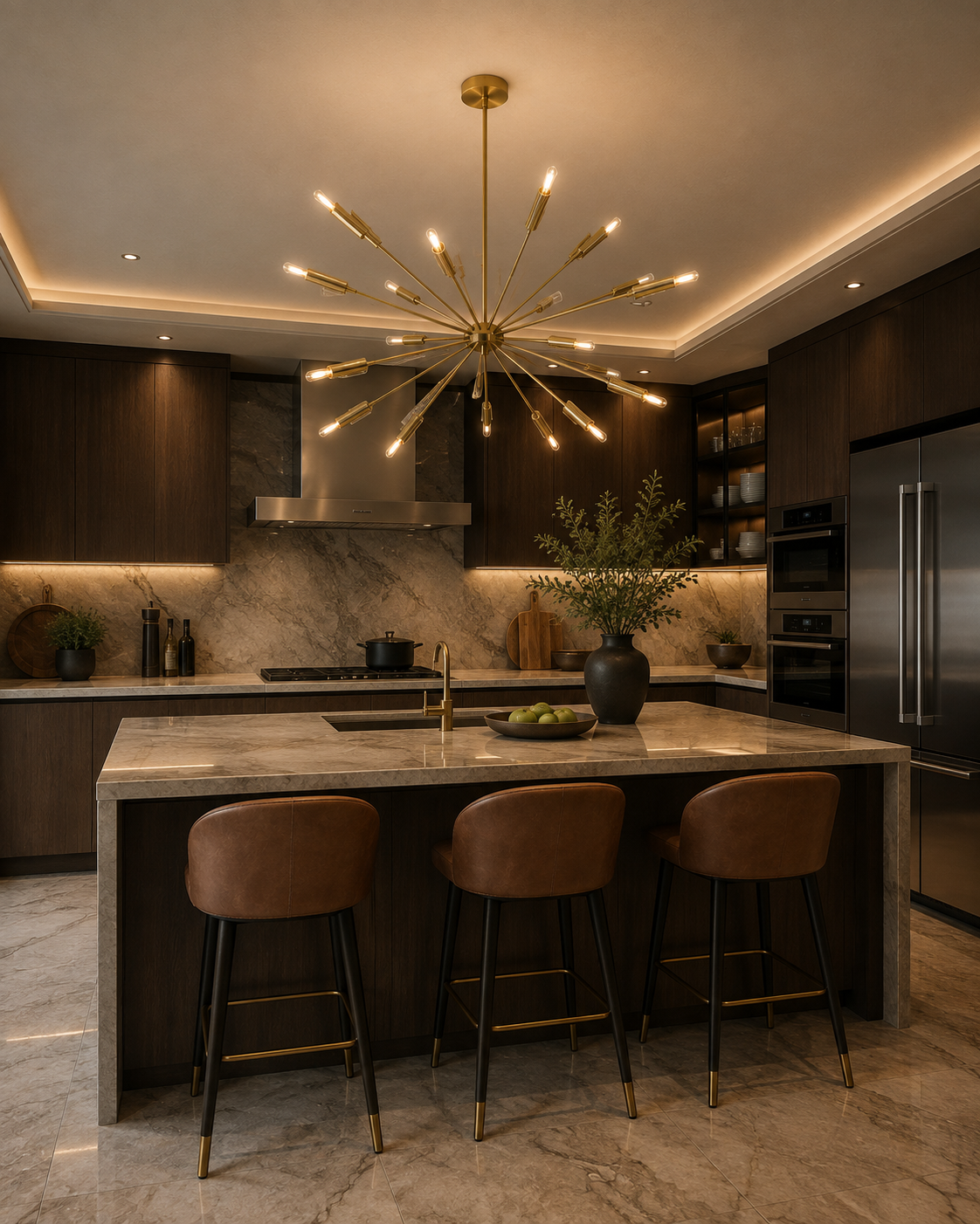Reykjavik 24 light starburst chandelier illuminating a contemporary kitchen with a marble island and warm modern finishes.