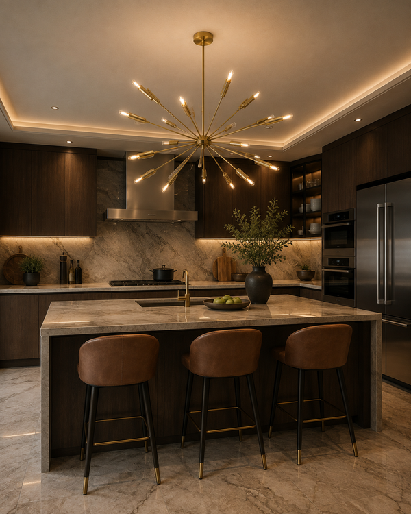 Reykjavik 24 light starburst chandelier illuminating a contemporary kitchen with a marble island and warm modern finishes.