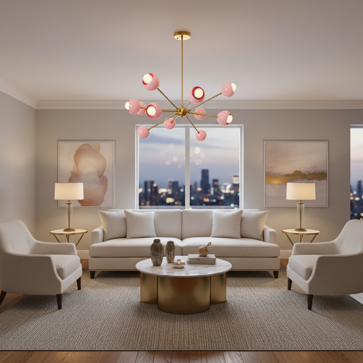 Rhodes 12 light pink globe Sputnik chandelier shown from an angled view with radiating brass arms and white bulbs.